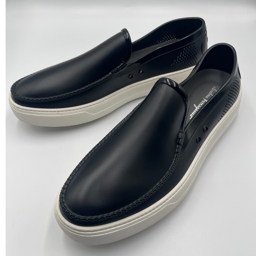 Salvatore Ferragamo Fury 2 Gancini Slip On Sneakers Men 10 Black PVC Rubber